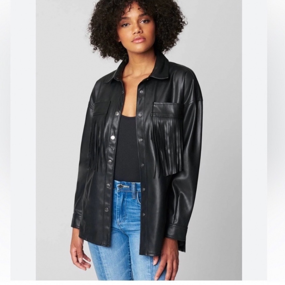 BLANKNYC Lonestar Vegan Leather Fringe Shirt Jacket Black Small